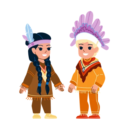 Kid American Indian Vector Indigenous Child Family Boy Girl Portrait Multiracial Childhood Kid American Indian Character People Flat Cartoon Illustration Illustration