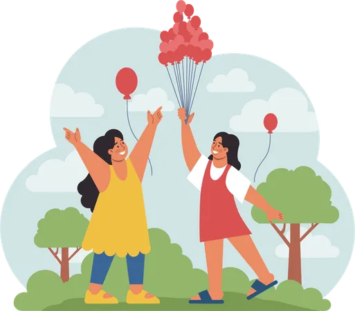 Kids are enjoying balloons in park  Illustration