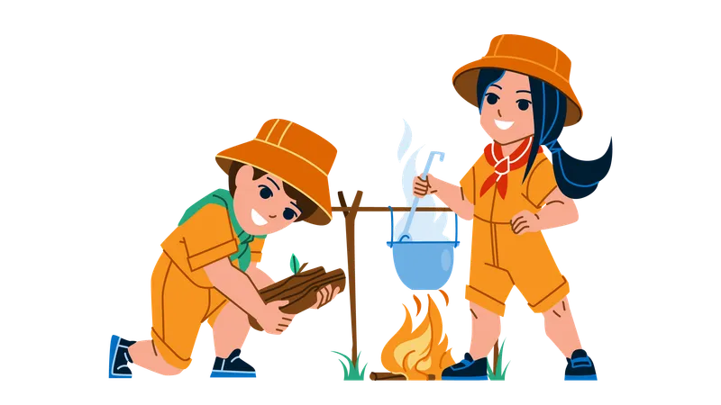 Scout Camp Resting Little Boy And Girl Vector In Scout Camp Schoolboy And Schoolgirl Kindle Fire And Cooking Dish Together Characters Children Enjoying Outdoor Flat Cartoon Illustration Illustration