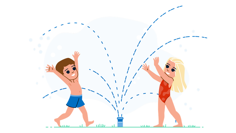 Kids are enjoying in garden sprinkler  Illustration