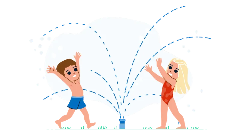 Kids are enjoying in garden sprinkler  Illustration