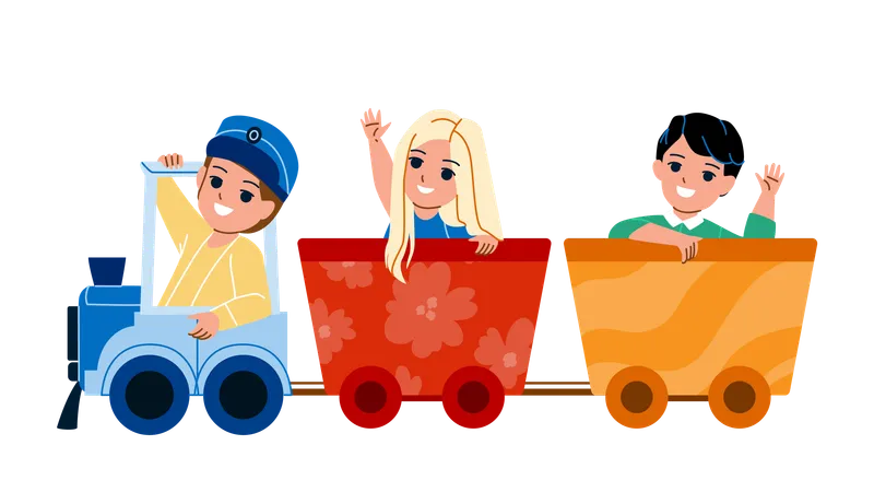 Kid Train Riding Children In Amusement Park Vector Boy And Girl Ride In Kid Train Together Funny Attraction Characters Enjoying And Playing On Locomotive Flat Cartoon Illustration Illustration