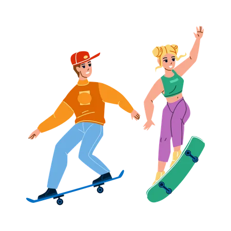 Skateboard Riding Boy And Girl Together Vector Teenagers Ride Skateboard In Extreme Park Skateboarders Enjoying Extremal Sport And Jumping Tricks Characters Skateboarding Flat Cartoon Illustration Illustration