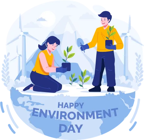 World Environment Day Kids Are Gardening The Earth Two Kids Are Planting Seedlings For Green Nature Environmental Protection Save Our Planet Illustration