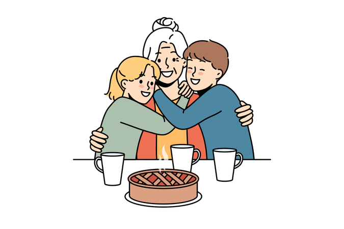 Kids are hugging their mother at breakfast table  Illustration