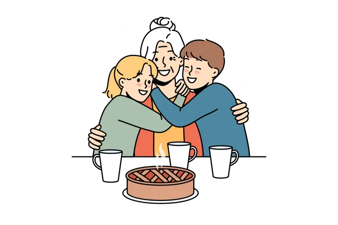 Kids are hugging their mother at breakfast table  Illustration