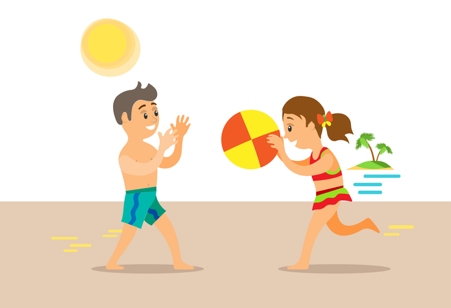 Kids are playing ball at beach  イラスト