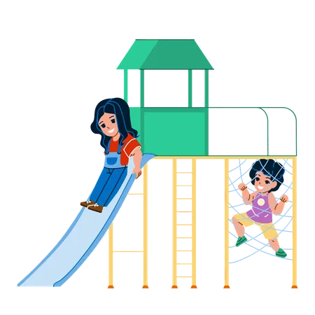 On Jungle Gym Playing Children Boy And Girl Vector Little Preschooler Kids Play And Enjoy Game On Jungle Gym Characters Infant Resting On Playground Together Flat Cartoon Illustration Illustration
