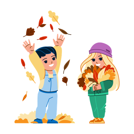 Kids are playing with autumn leaves  Illustration