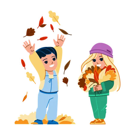 Kids are playing with autumn leaves  Illustration