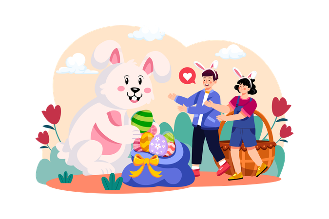 Kids asking Easter bunny for Easter gift  Illustration