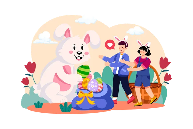 Kids asking Easter bunny for Easter gift  Illustration