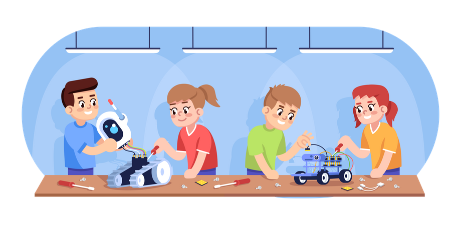 Kids assembling robots  Illustration