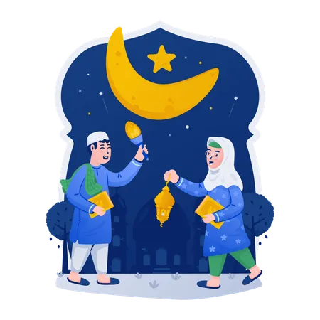 Illustration Of Muslim Children Playing Before Going To The Mosque To Read Quran On Ramadan Night Illustration