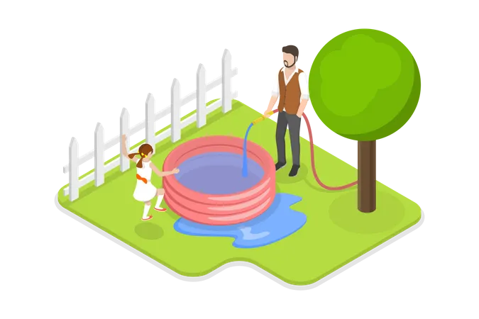 3 D Isometric Flat Vector Conceptual Illustration Of Kids Backyard Pool Having Fun Outdoors Illustration