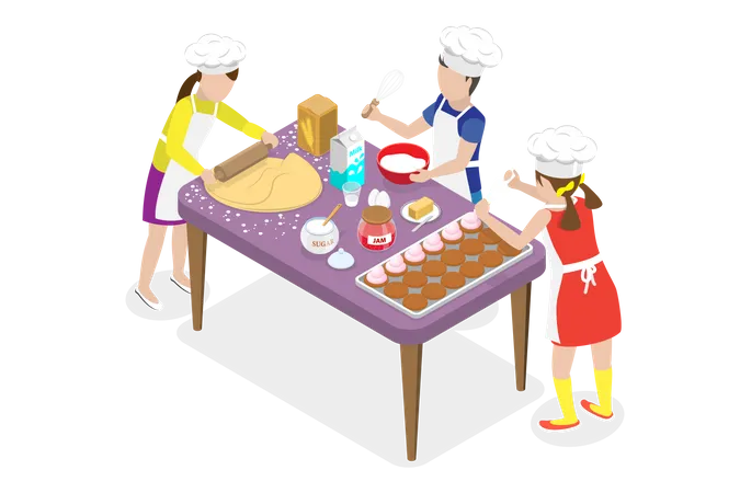 3 D Isometric Flat Vector Conceptual Illustration Of Kids Baking Cakes Cooking Classes For Children Illustration