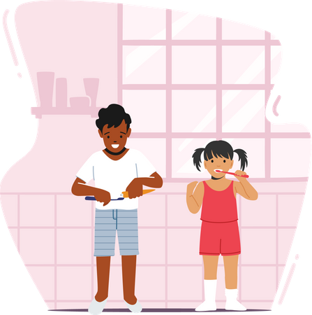 Kids Brushing Teeth in Bathroom  Illustration