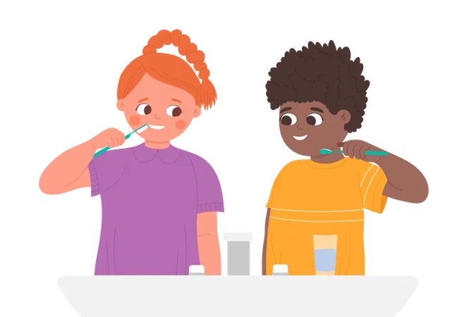 Kids Brushing Teeth In Home Bathroom With Sink Child Morning Healthy Oral Hygiene Routine Vector Illustration Cartoon Cute Girl Boy Children Character Holding Toothbrush To Brush Teeth Background Illustration