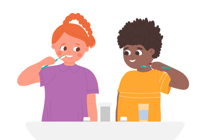 Kids brushing teeth in home bathroom with sink  イラスト