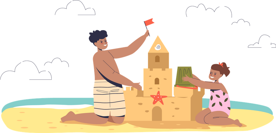 Kids building sandcastle at beach Illustration