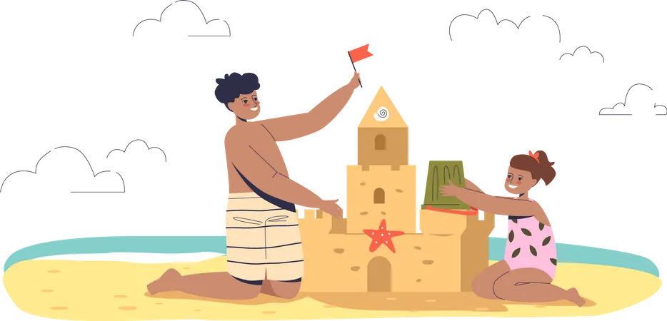Kids building sandcastle at beach Illustration