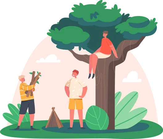 Kids building tree house  Illustration