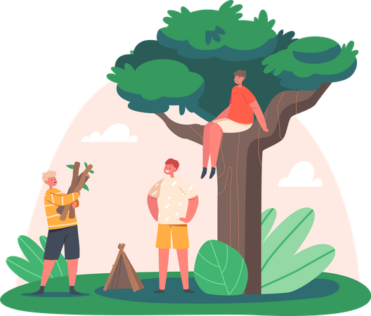 Kids building tree house  イラスト