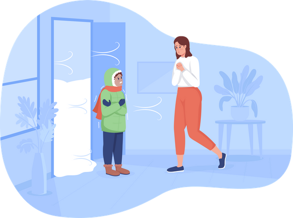 Kids came home to mother from cold temperature Illustration