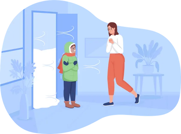 Kids came home to mother from cold temperature  Illustration