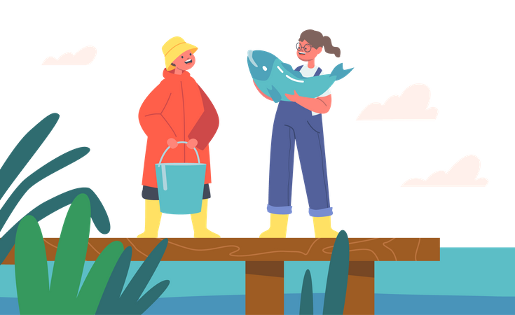 Kids catching fish and collecting in bucket Illustration