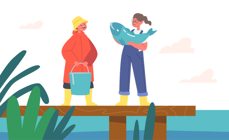 Kids catching fish and collecting in bucket  Illustration