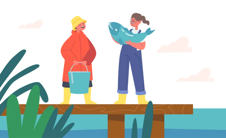 Kids catching fish and collecting in bucket  Illustration