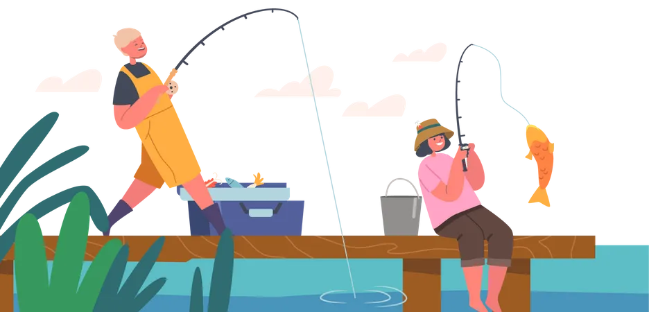 Kids catching fish using fishing rod Illustration