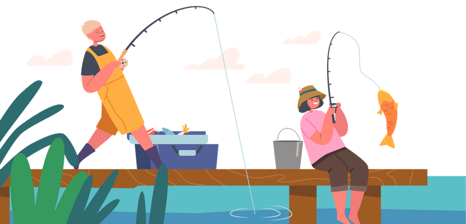 Kids catching fish using fishing rod  Illustration