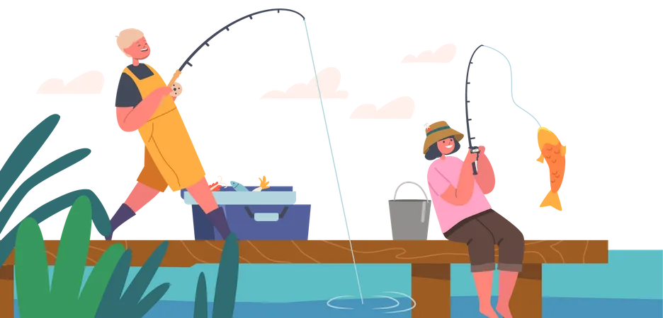 Kids catching fish using fishing rod  Illustration