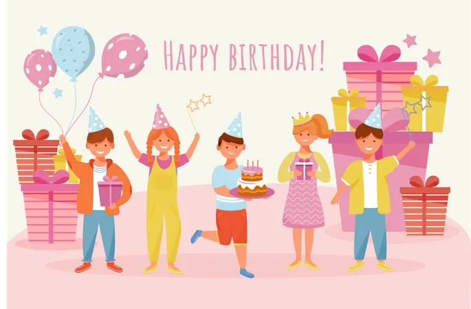 Happy Birthday Greeting Card Flat Vector Template Joyful Children Holiday Celebration Kids Party Postcard Invitation Design Layout Poster Banner Print With Cartoon Characters And Lettering Illustration