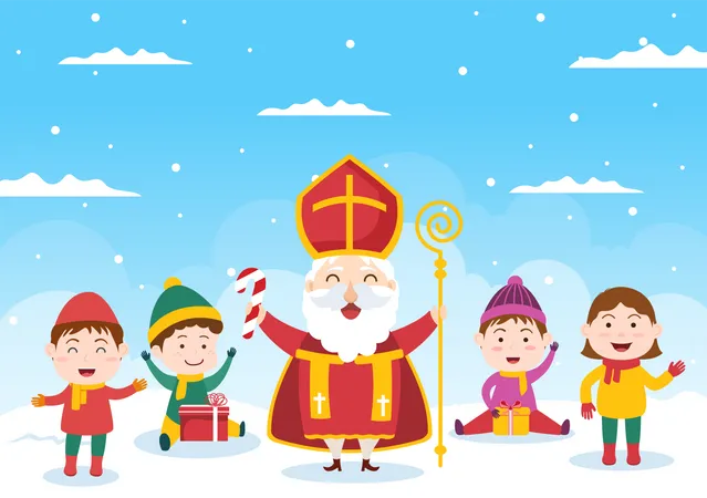 Kids celebrate Nicholas Day with Saint  Illustration