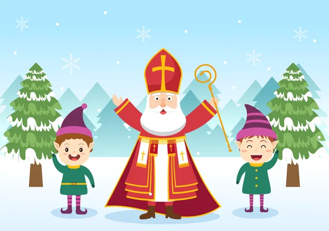 Kids celebrate Nicholas Day with Saint  Illustration