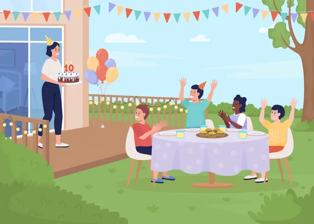 Kids Celebrating Birthday Flat Color Vector Illustration Birthday Cake And Helium Balloons Summertime Event 2 D Simple Cartoon Children Partying With Decorated Backyard On Background Illustration