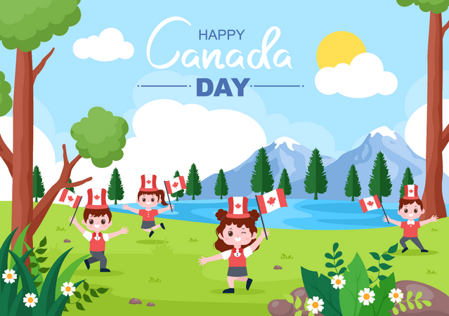 Kids celebrating Canada Day  Illustration