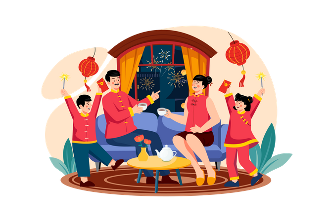 Kids celebrating Chinese new year with parents  Illustration