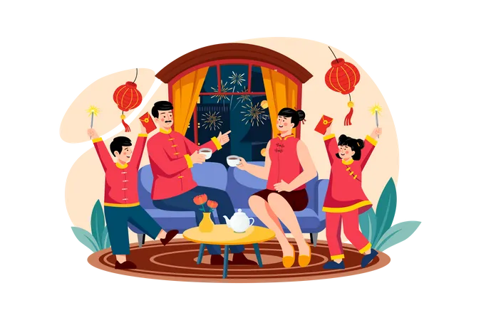Kids celebrating Chinese new year with parents Illustration