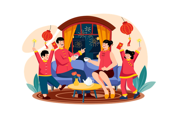 Kids celebrating Chinese new year with parents  Illustration