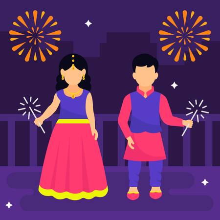 Kids Celebrating Diwali Using Fire Illustration