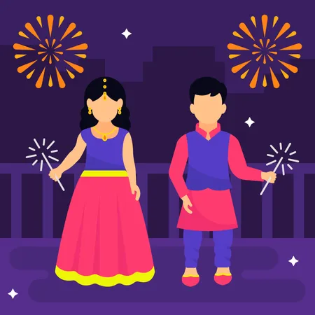 Kids Celebrating Diwali Using Fire  Illustration