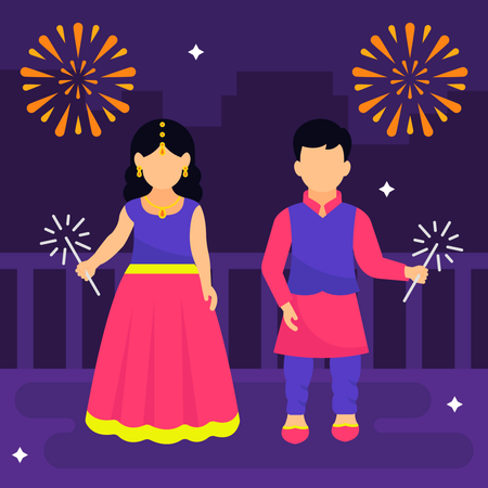 Kids Celebrating Diwali Using Fire  イラスト
