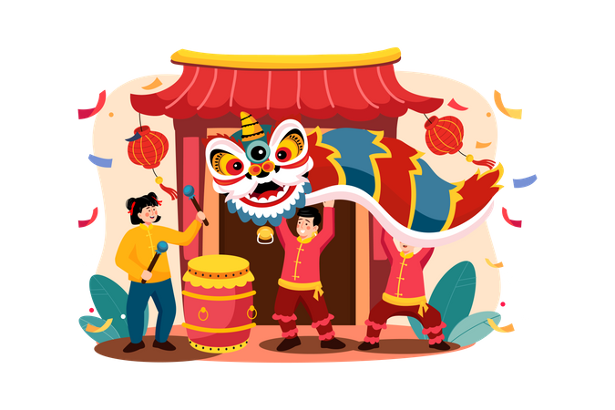 Kids celebrating dragon dance  Illustration