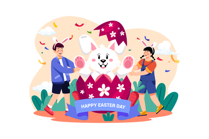 Kids celebrating Easter with Easter bunny  Illustration