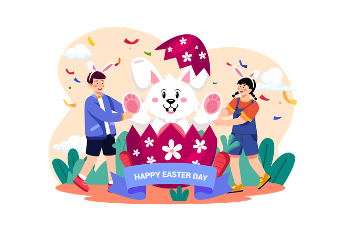 Kids celebrating Easter with Easter bunny Illustration