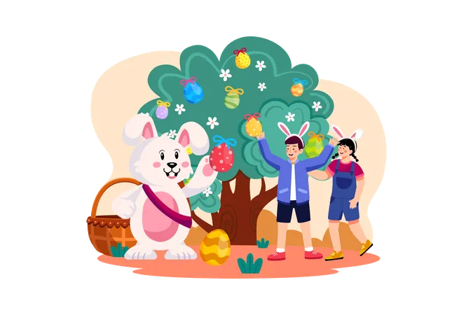 Kids celebrating Easter with easter rabbit Illustration